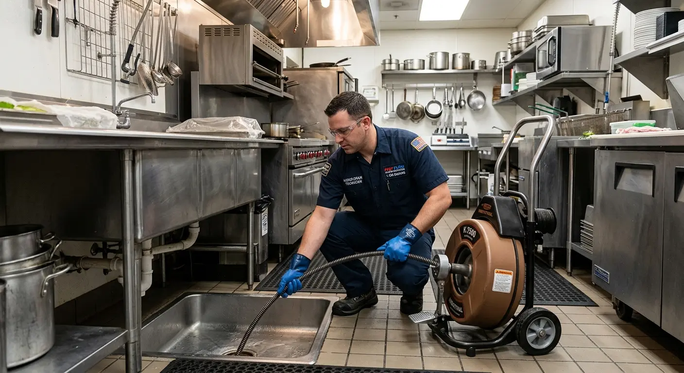 Commercial drain cleaning service in a restaurant kitchen in Rye