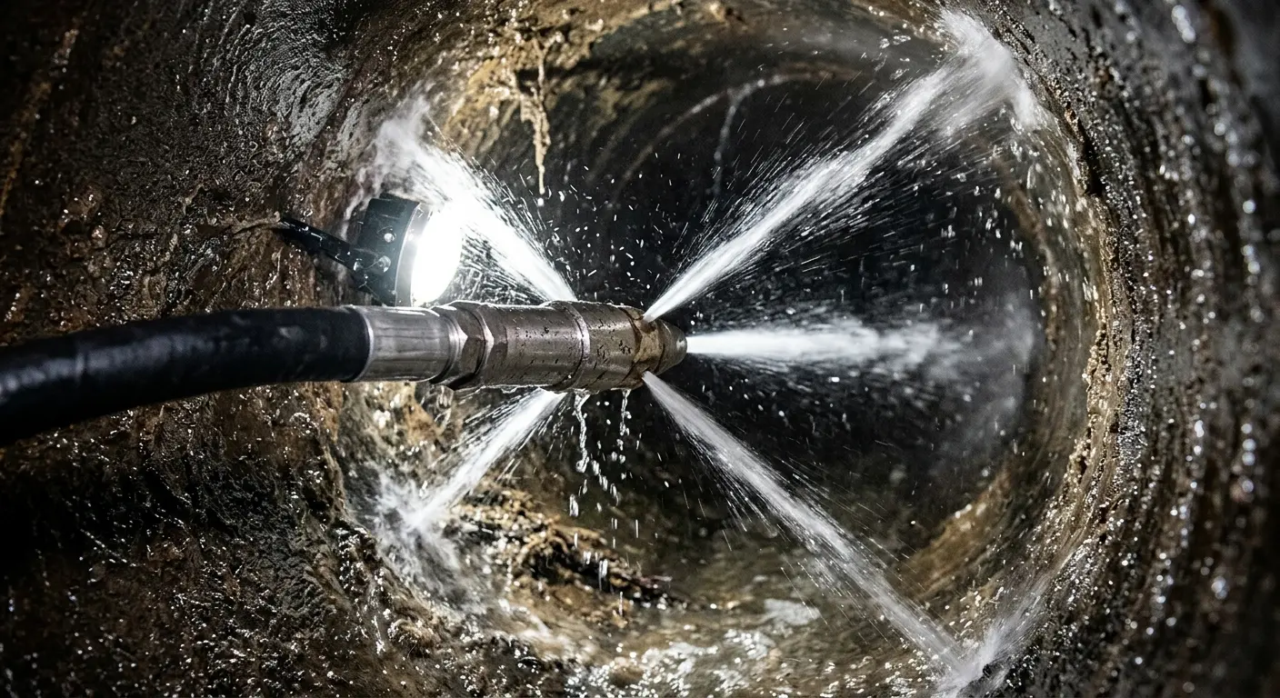 High-pressure hydro jetting nozzle cleaning sewer pipe for Emergency Drain Service in Rye
