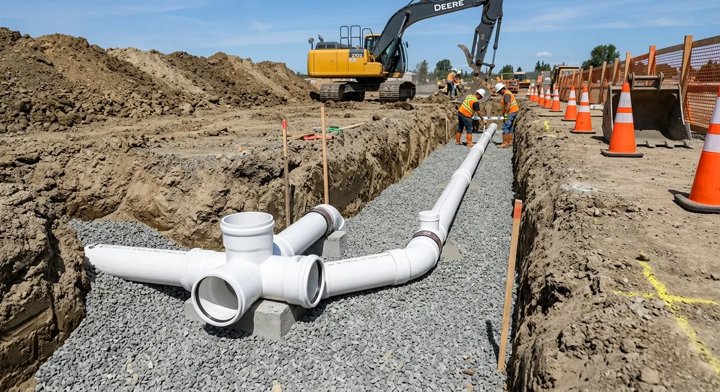 New PVC sewer pipe installation in open trench for Sewer Backup in Rye
