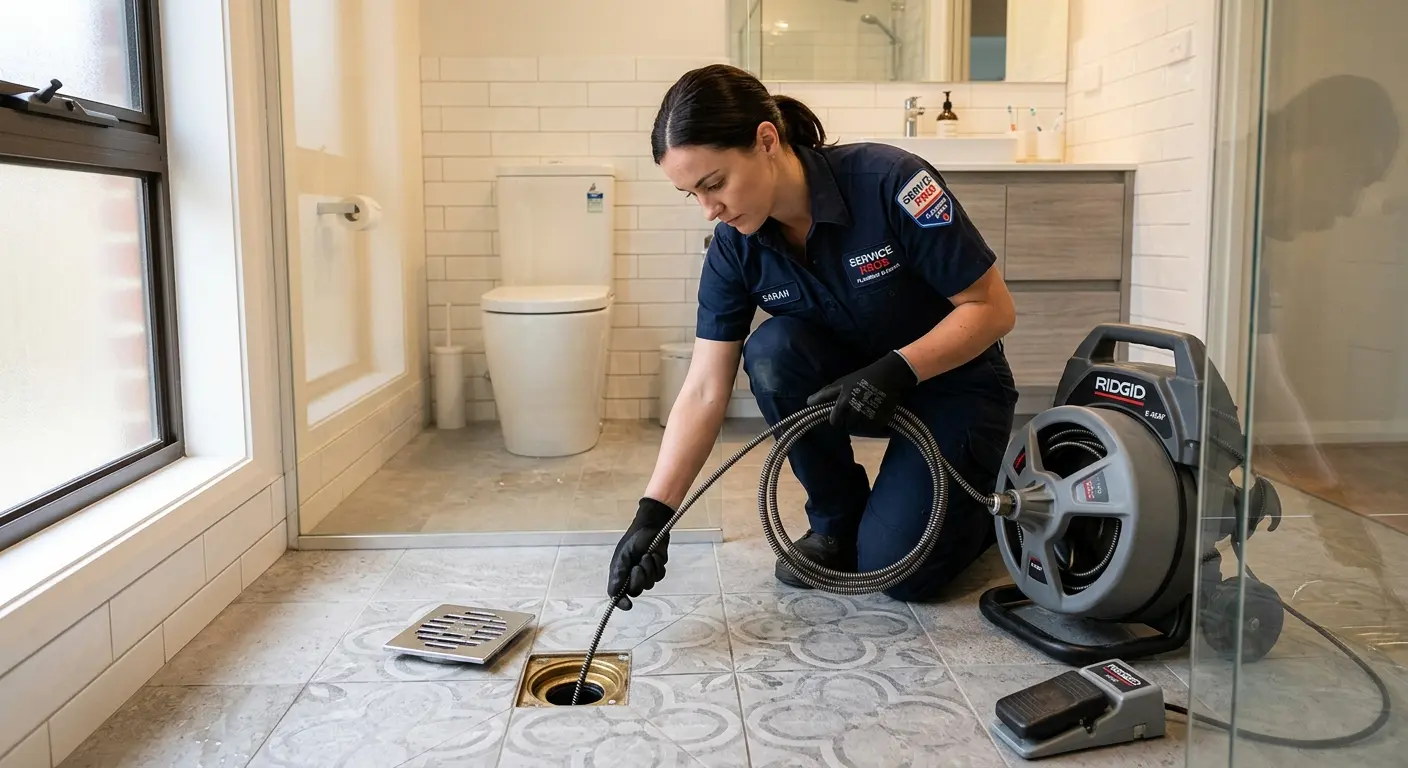 Technician clearing a bathroom floor drain for Sewer Line Installation in Rye